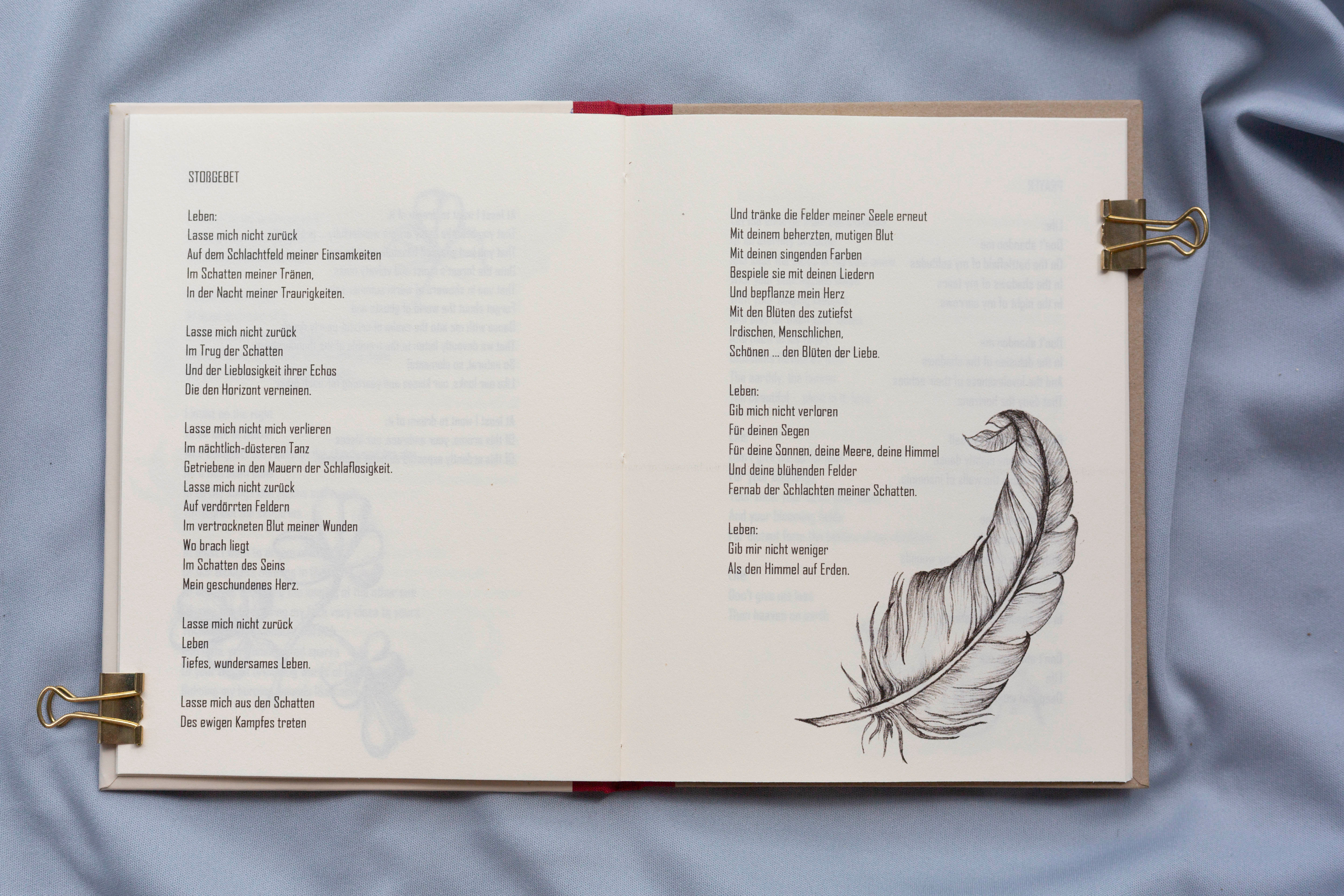 Aufgeschlagene Doppelseite im Buch mit handillustrierter Feder